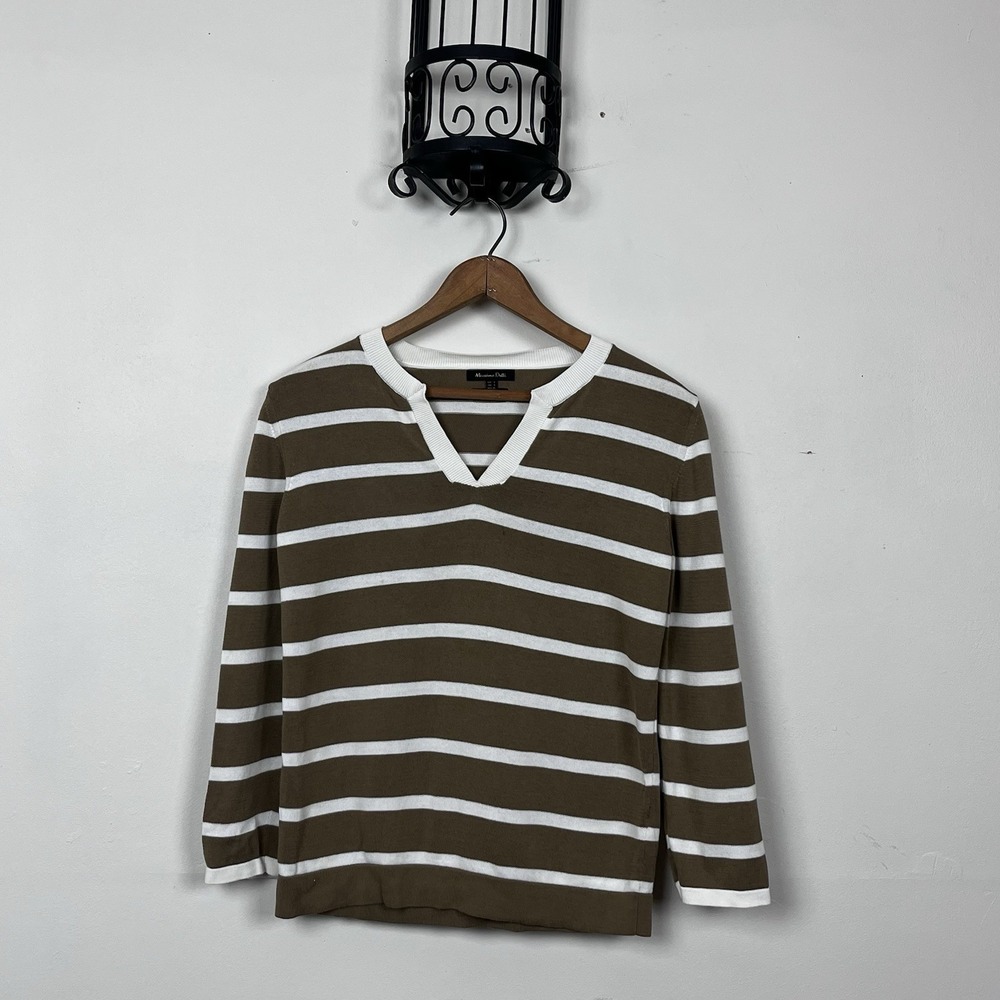 Massimo Dutti Brown White Striped Extrafine Cotton Split V-Neck Sweater S